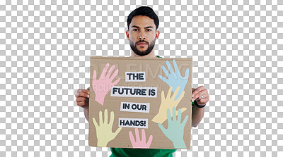 Buy stock photo Man, portrait and billboard for earth day, future or eco friendly environment on a transparent PNG background. Young male person or volunteer holding poster or sign to save planet, world or awareness