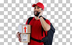 Courier man, phone call and box in studio with contact for location, direction and supply chain by background. Logistics expert, smartphone and backpack with cardboard package, product and thinking