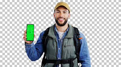 Buy stock photo Green screen, phone and portrait of hiking man with mockup on isolated, transparent or png background. Smartphone, space or face of male backpacker with sign up steps, guide or safari tour app promo