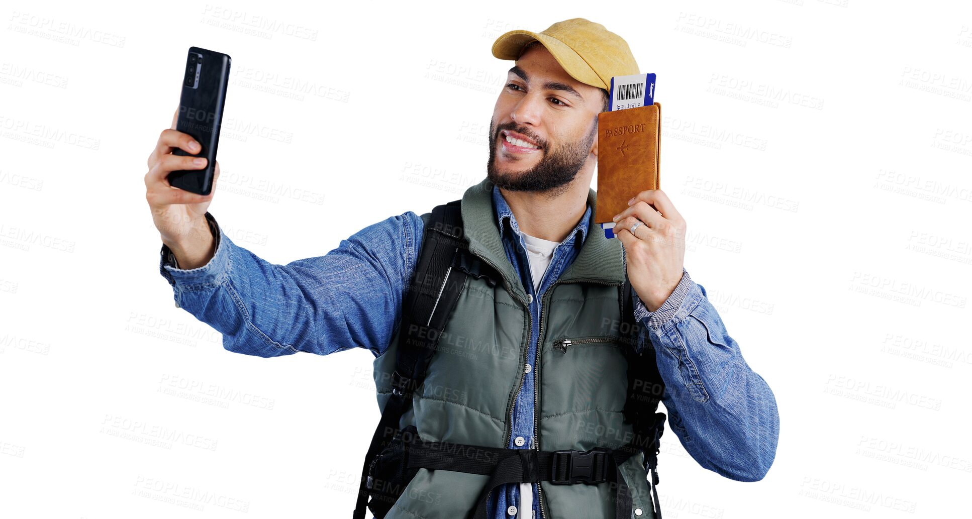 Buy stock photo Happy man, passport and selfie of backpacker in photography, picture or memory on a transparent PNG background. Smile, male person or young tourist with ID, boarding pass or ticket for travel photo