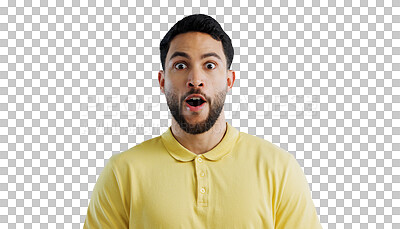 Buy stock photo Man, portrait and surprise with shock for winning, good news or lucky prize on a transparent PNG background. Face of young male person or wow for amazing deal, promotion or bonus on discount or sale