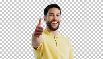 Buy stock photo Happy man, portrait and thumbs up for winning, good job or thank you on a transparent PNG background. Young male person or model with smile, like emoji or yes sign for positive, approval or agreement