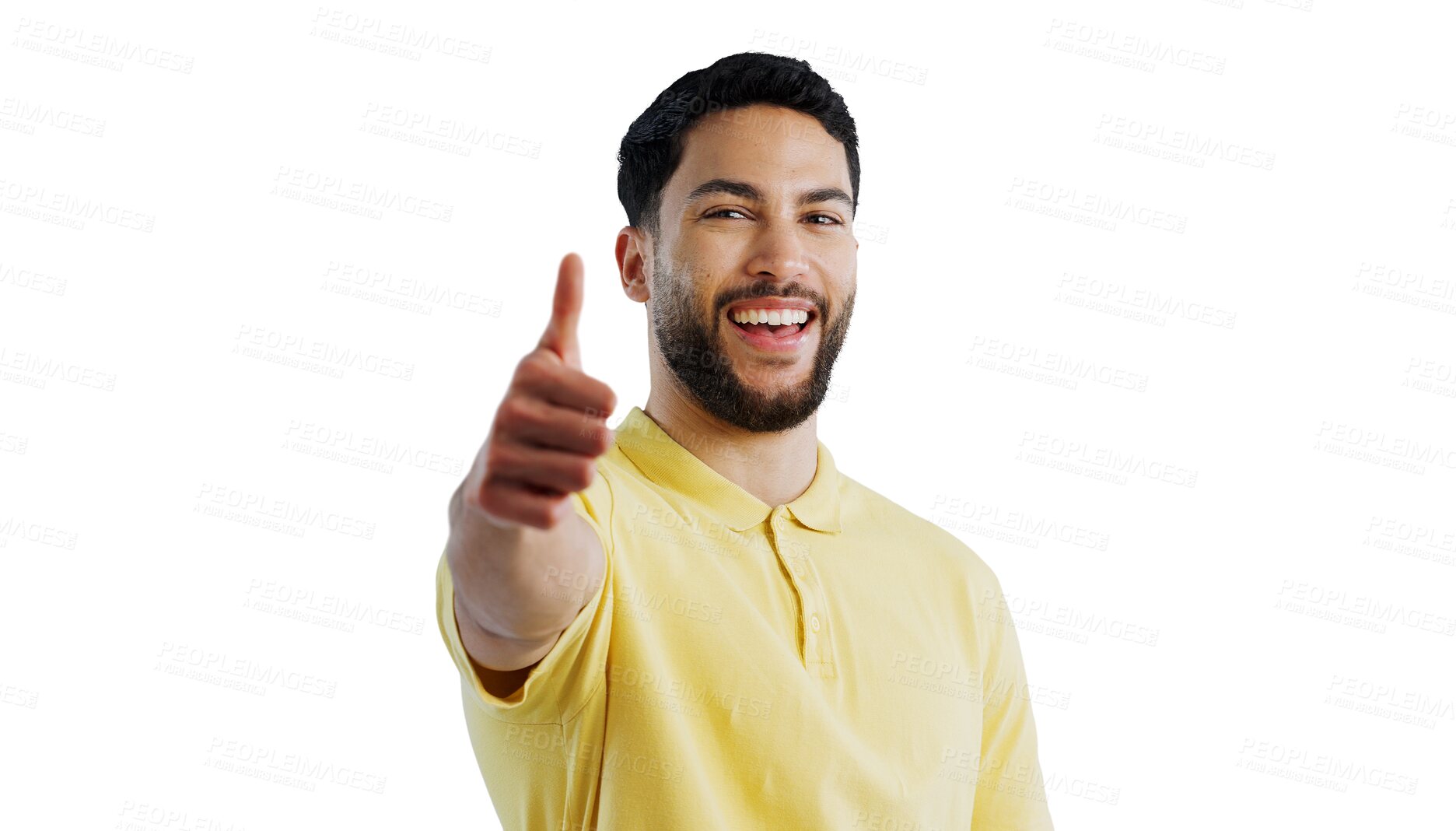 Buy stock photo Happy man, portrait and thumbs up for winning, good job or thank you on a transparent PNG background. Young male person or model with smile, like emoji or yes sign for positive, approval or agreement