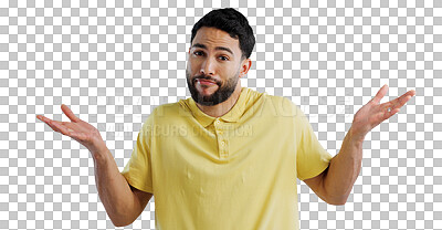 Buy stock photo Confused, doubt and portrait of man with why hands, expression or dont know sign on isolated, transparent or png background. Palm, emoji or face of male person with questions, ask or whatever shrug