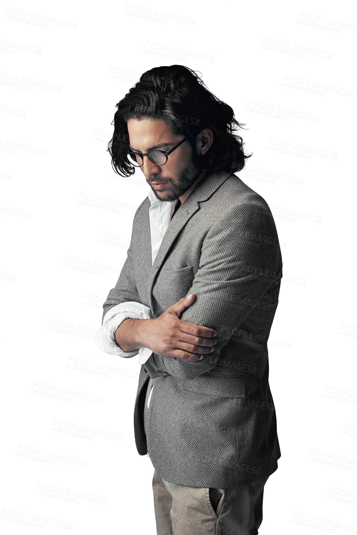 Buy stock photo Fashion, thinking and business man with crossed arms on isolated, PNG and transparent background. Professional, thoughtful and person with ideas, remember and pride with style, trendy suit or clothes