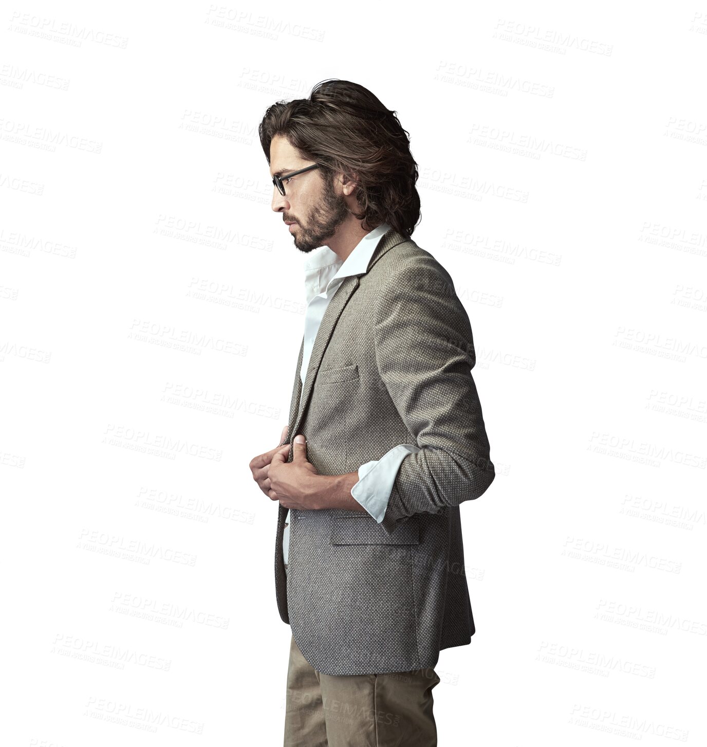 Buy stock photo Isolated man, thinking and fashion with suit for vintage style, memory and decision by transparent png background. Person, edgy and retro clothes with vision, ideas and remember with trendy glasses