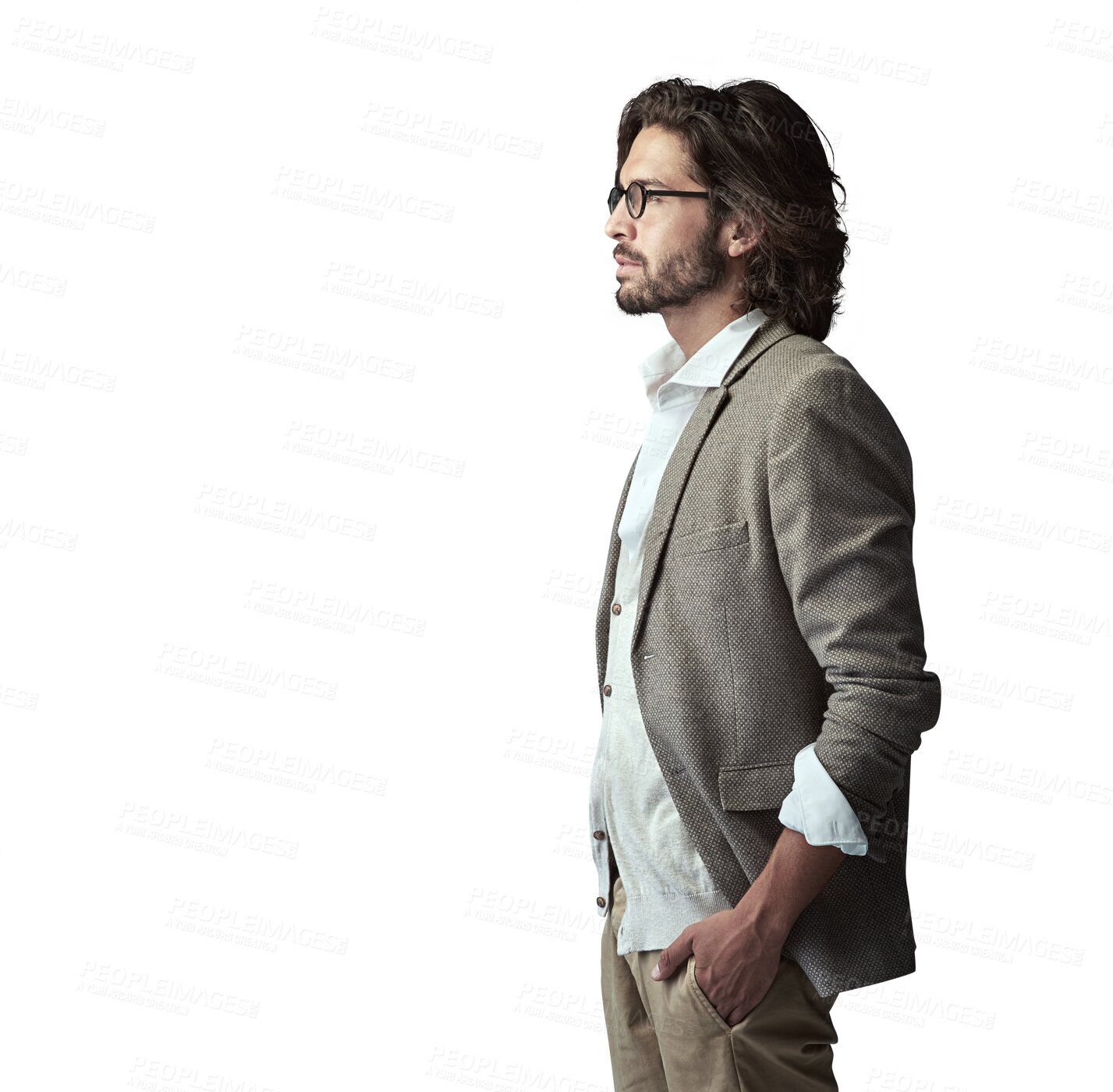 Buy stock photo Isolated man, thinking and style with suit for vintage fashion, memory and decision by transparent png background. Person, edgy and retro clothes with vision, ideas and remember with trendy glasses