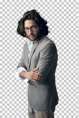 Buy stock photo Fashion, crossed arms and portrait of business man on isolated, PNG and transparent background. Professional, serious and person in trendy clothes, style and suit with confidence, attitude and pride