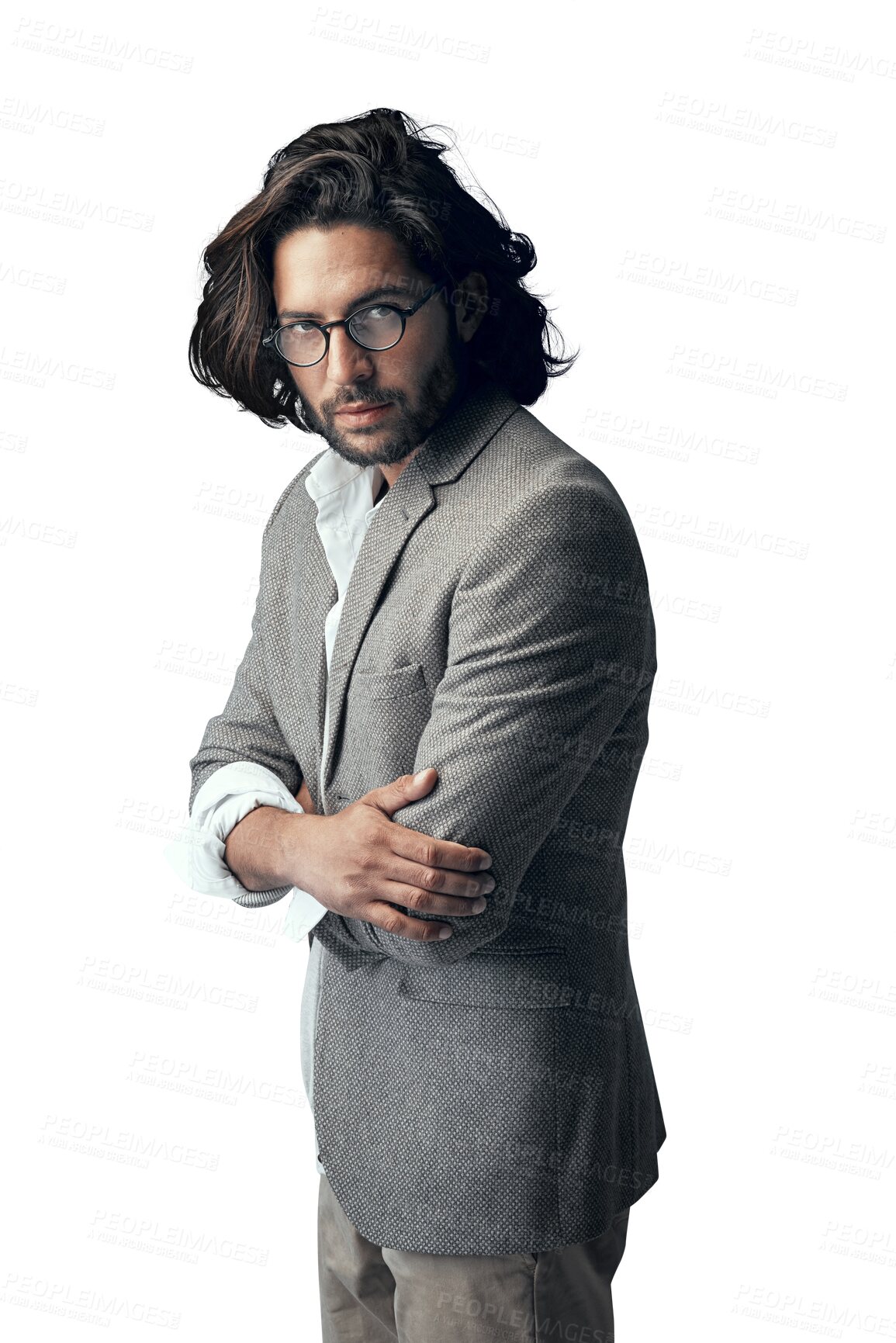 Buy stock photo Fashion, crossed arms and portrait of business man on isolated, PNG and transparent background. Professional, serious and person in trendy clothes, style and suit with confidence, attitude and pride
