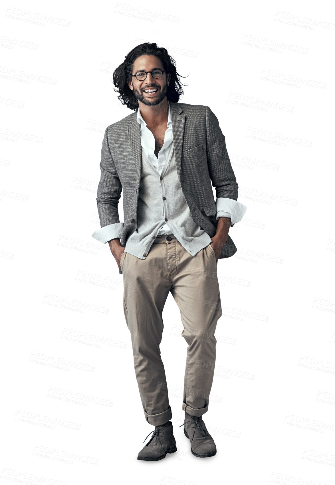 Buy stock photo Happy man, portrait and funky fashion in business, style or hipster on a transparent PNG background. Male person, Indian or model with smile or posing in stylish clothing or suit with cool attitude