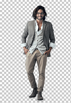 Buy stock photo Happy businessman, portrait and fashion with style, suit or formal clothing on a transparent PNG background. Handsome male person, Indian or young model posing in stylish outfit with glasses or shirt