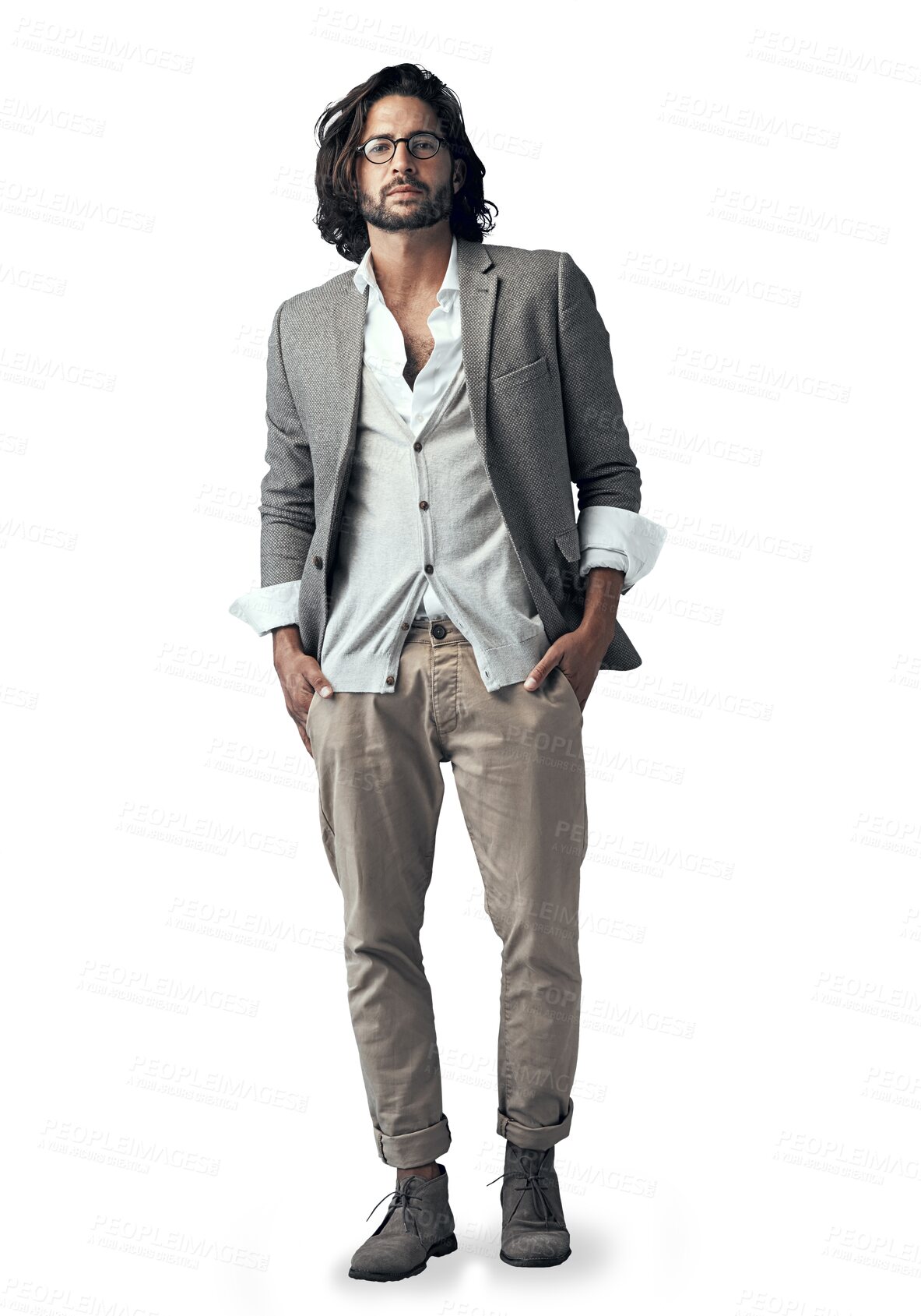 Buy stock photo Businessman, portrait and fashion with cool style, suit or formal clothing on a transparent PNG background. Full body of handsome young male person, Italian or model posing with glasses in confidence
