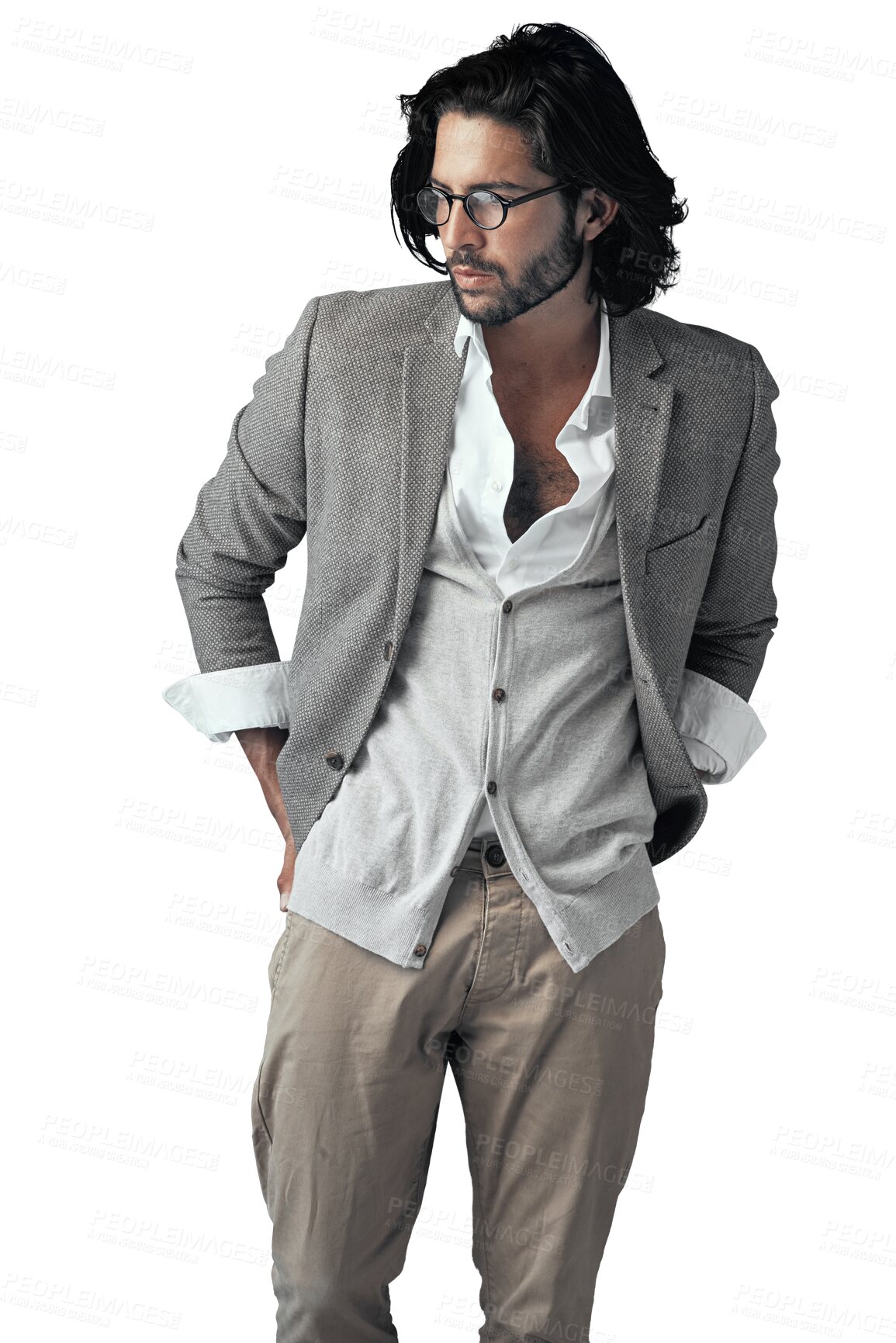 Buy stock photo Isolated man, thinking and fashion with suit for ideas, vision or memory by transparent png background. Person, hipster or model with choice in retro outfit, trendy and glasses with clothes in Turkey