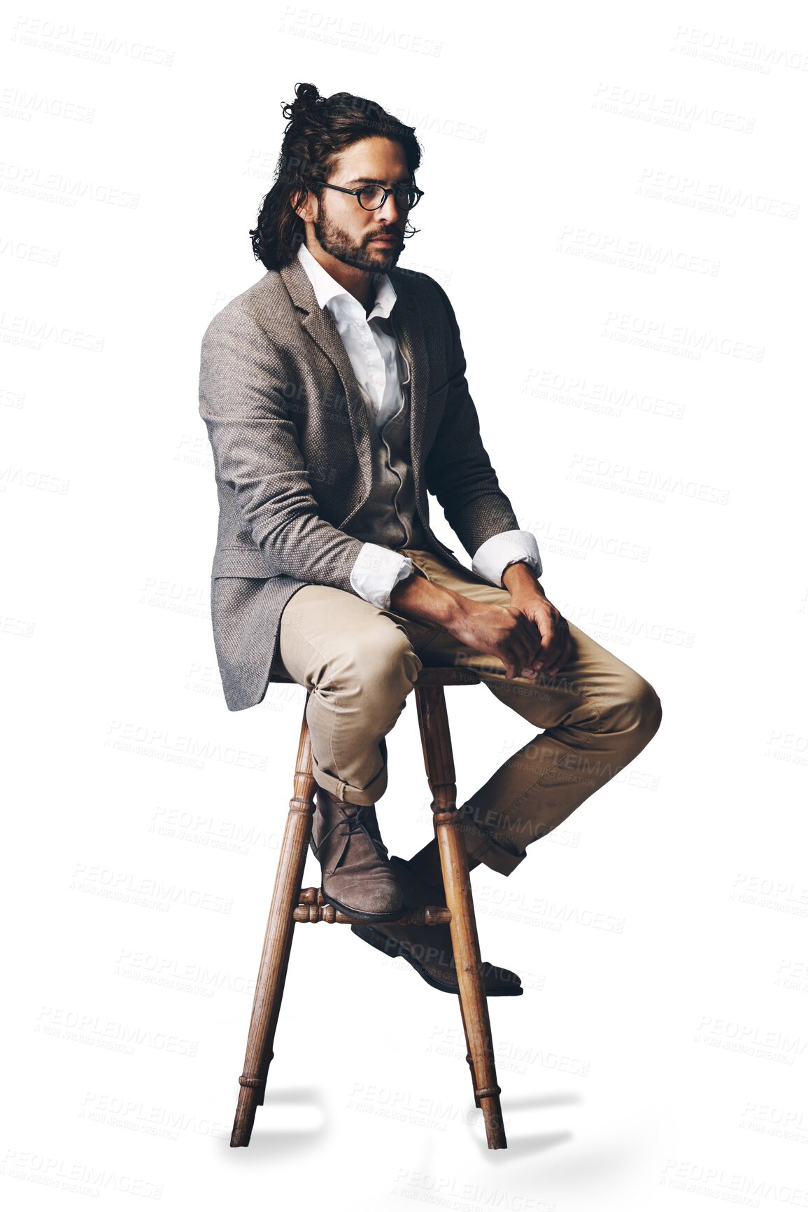 Buy stock photo Businessman, chair and fashion of handsome guy on break or waiting on a transparent PNG background. Young man, hipster or model posing in formal clothing, business attire or style with cool attitude