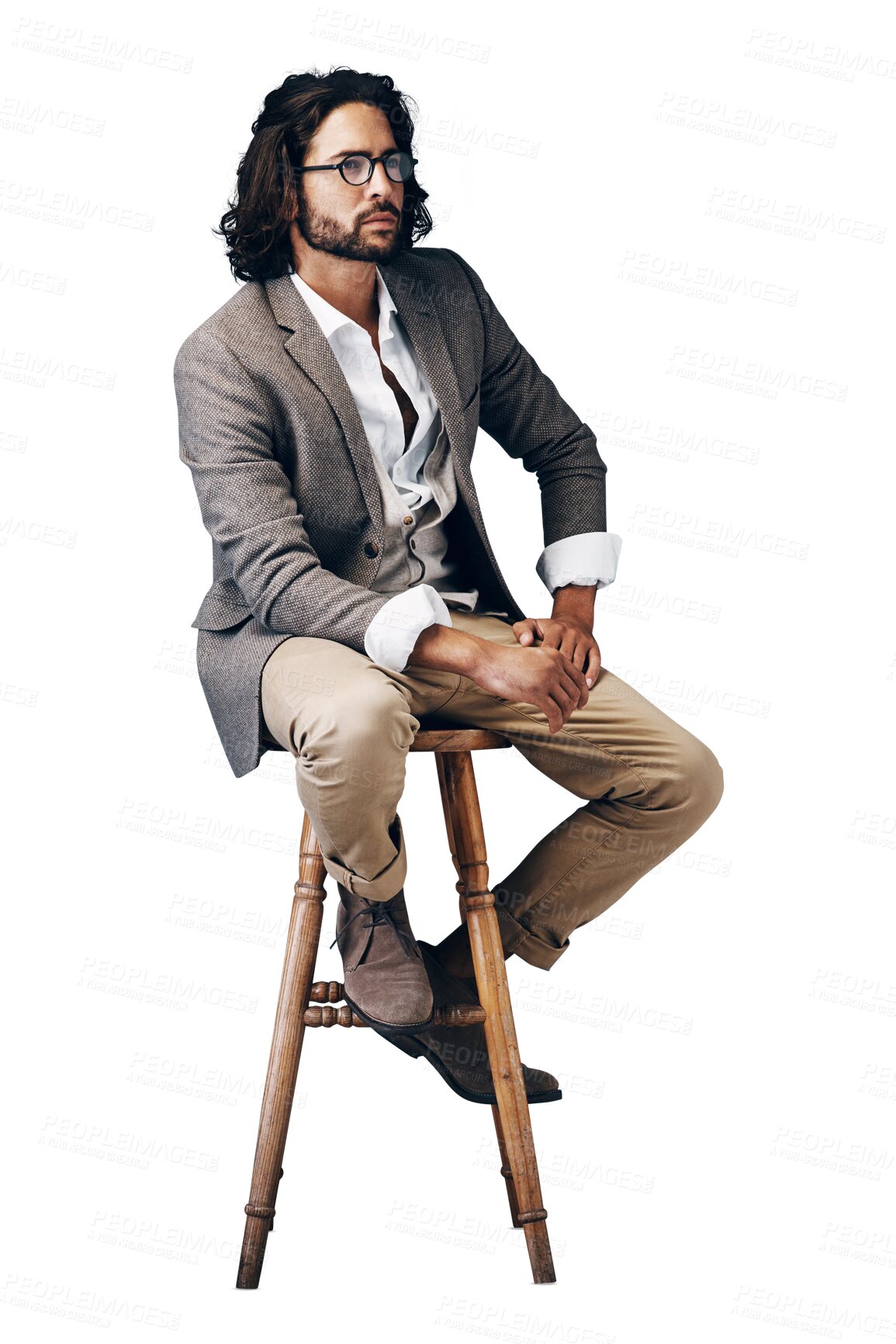 Buy stock photo Isolated man, chair and fashion with suit for idea, vision or memory by transparent png background. Person, hipster or model for choice with thinking, wood stool or glasses in retro clothes in Turkey