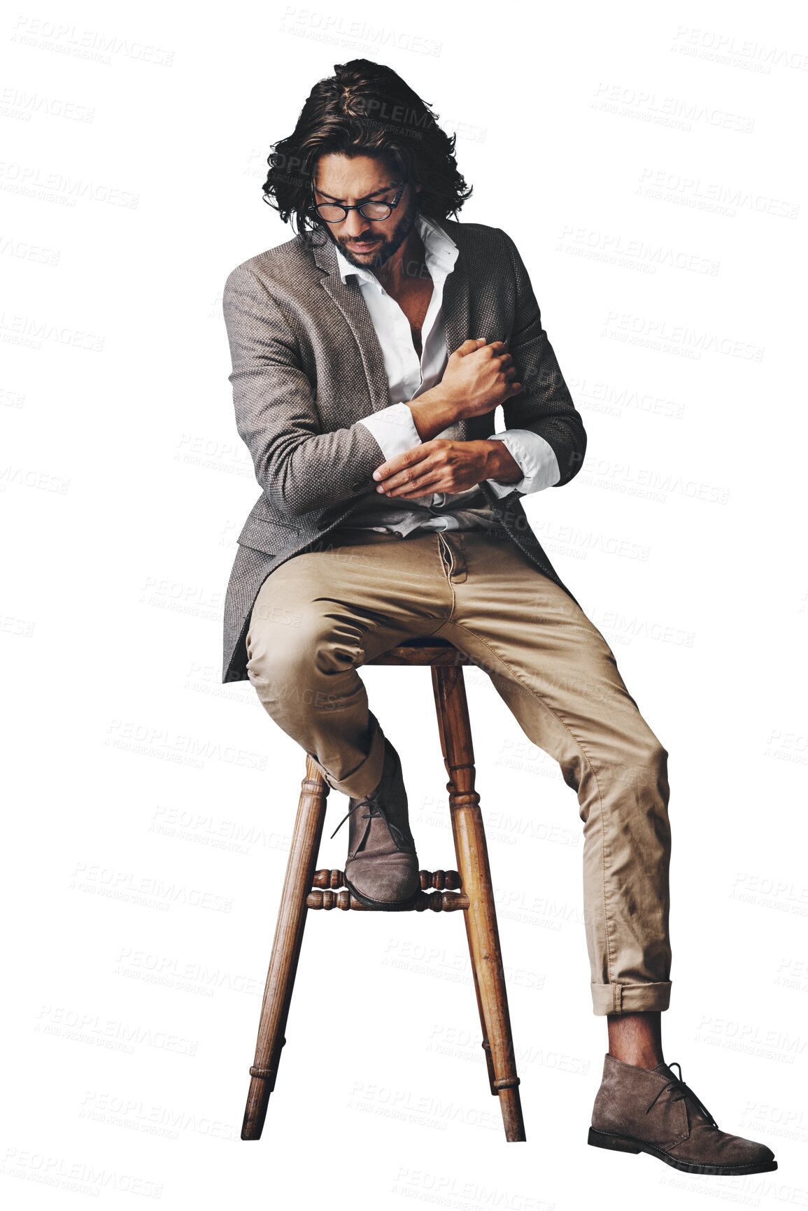 Buy stock photo Isolated man, stool and style with suit for idea, ready or memory by transparent png background. Person, hipster or model for choice with thinking, wood chair or glasses in retro fashion in Turkey