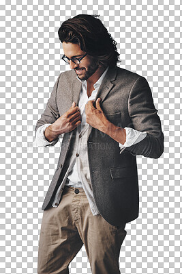 Buy stock photo Thinking, happy and business man with fashion on isolated, PNG and transparent background. Professional, confidence and person with ideas, decision and choice with style, trendy suit and clothes