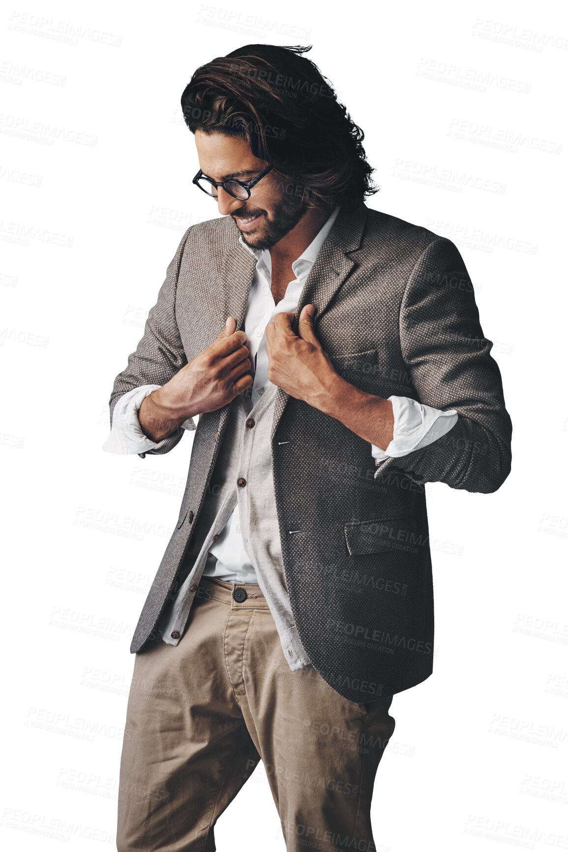 Buy stock photo Thinking, happy and business man with fashion on isolated, PNG and transparent background. Professional, confidence and person with ideas, decision and choice with style, trendy suit and clothes