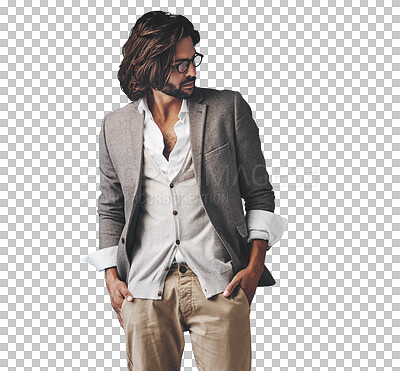 Buy stock photo Businessman, fashion and cool suit with style or formal clothing on a transparent PNG background. Isolated handsome male person, Indian or young model posing with glasses and shirt in confidence