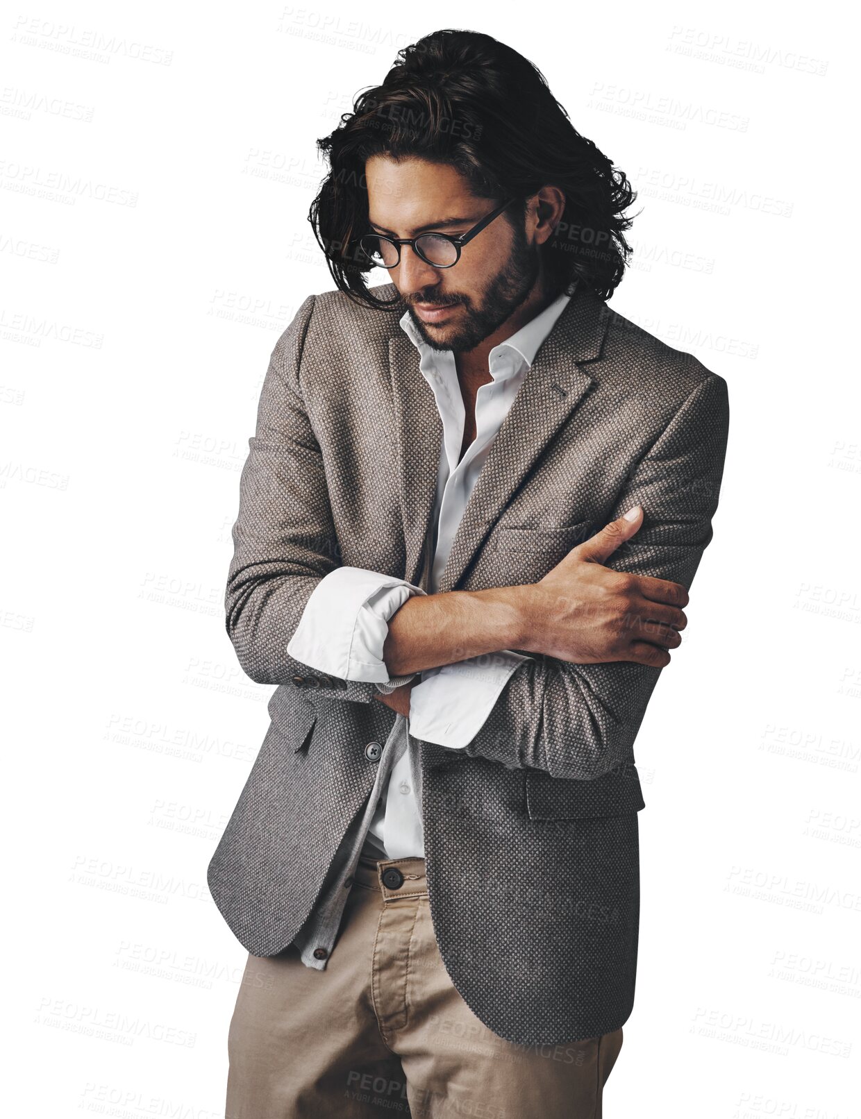 Buy stock photo Fashion, thinking and sad business man with crossed arms on isolated, PNG and transparent background. Professional, thoughtful and person with choice, remember and decision in trendy style or clothes