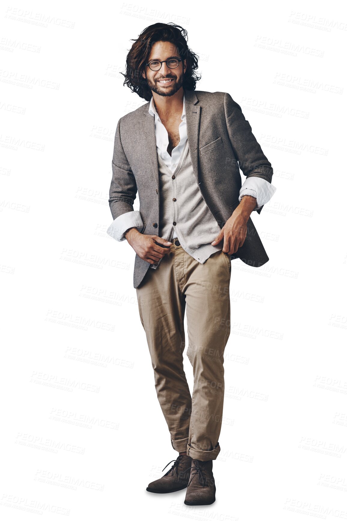 Buy stock photo Isolated man, style and smile in suit with vintage fashion, glasses and confident by transparent png background. Person, hipster or portrait in clothes with pride, happy and retro outfit in Istanbul