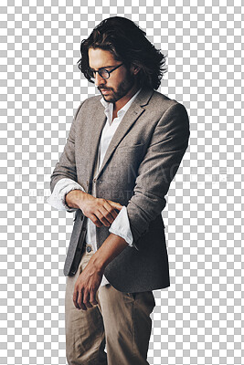 Buy stock photo Thinking, fashion and man in casual suit for creative business, confidence and glasses. Relax, professional style and Indian businessman with trendy clothes isolated on transparent png background.
