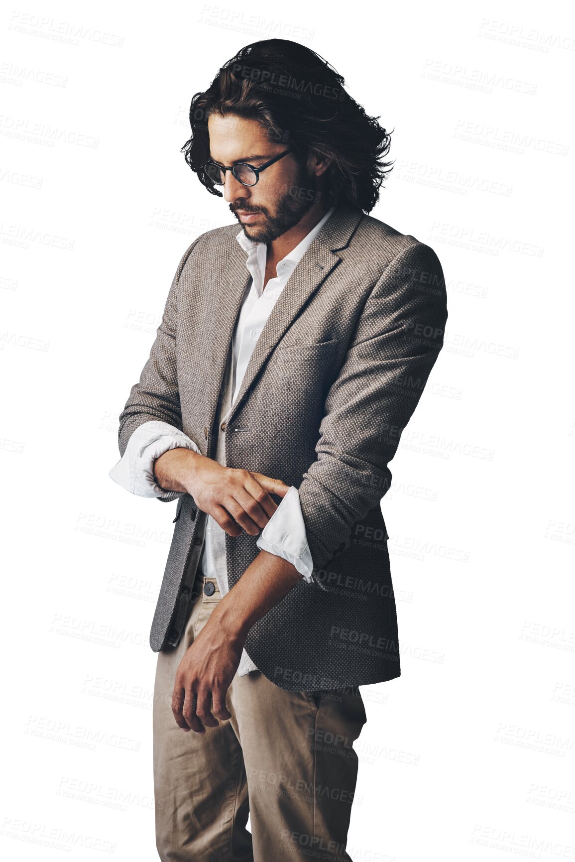 Buy stock photo Thinking, fashion and man in casual suit for creative business, confidence and glasses. Relax, professional style and Indian businessman with trendy clothes isolated on transparent png background.