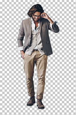 Buy stock photo Happy, fashion and man in casual suit for creative business, confident smile and glasses. Relax, professional style and Indian businessman with trendy clothes isolated on transparent png background.
