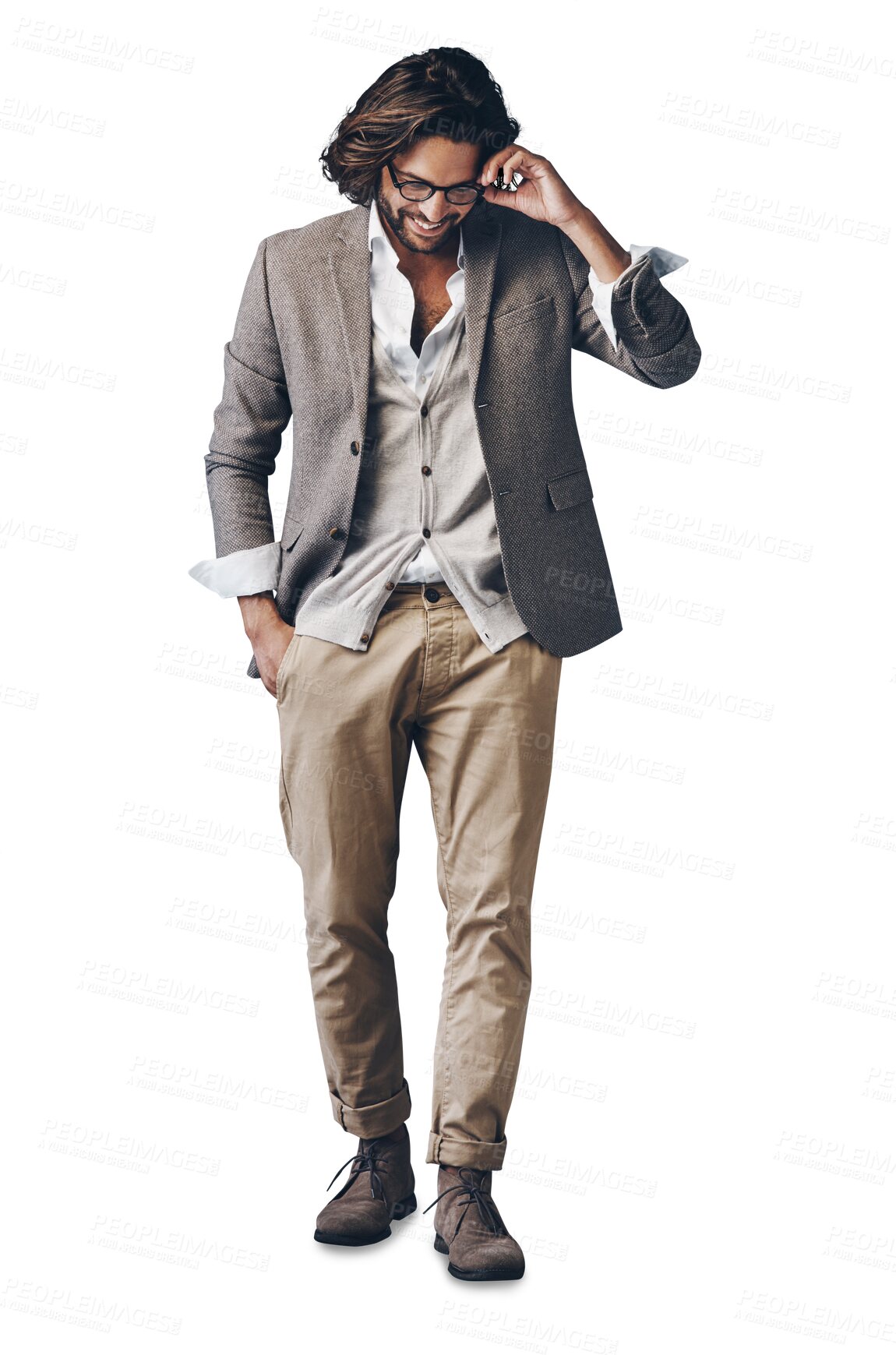 Buy stock photo Happy, fashion and man in casual suit for creative business, confident smile and glasses. Relax, professional style and Indian businessman with trendy clothes isolated on transparent png background.