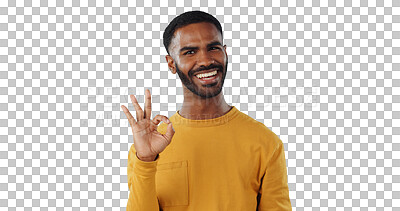 Buy stock photo Happy man, portrait and ok sign for opinion, review or vote on a transparent PNG background. Smile and young male person with like emoji, yes or okay for perfection, thank you or pleasant feedback