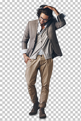 Buy stock photo Trendy, fashion and man in casual suit for creative business, confident smile and glasses. Relax, professional style and happy Indian businessman with clothes isolated on transparent png background.