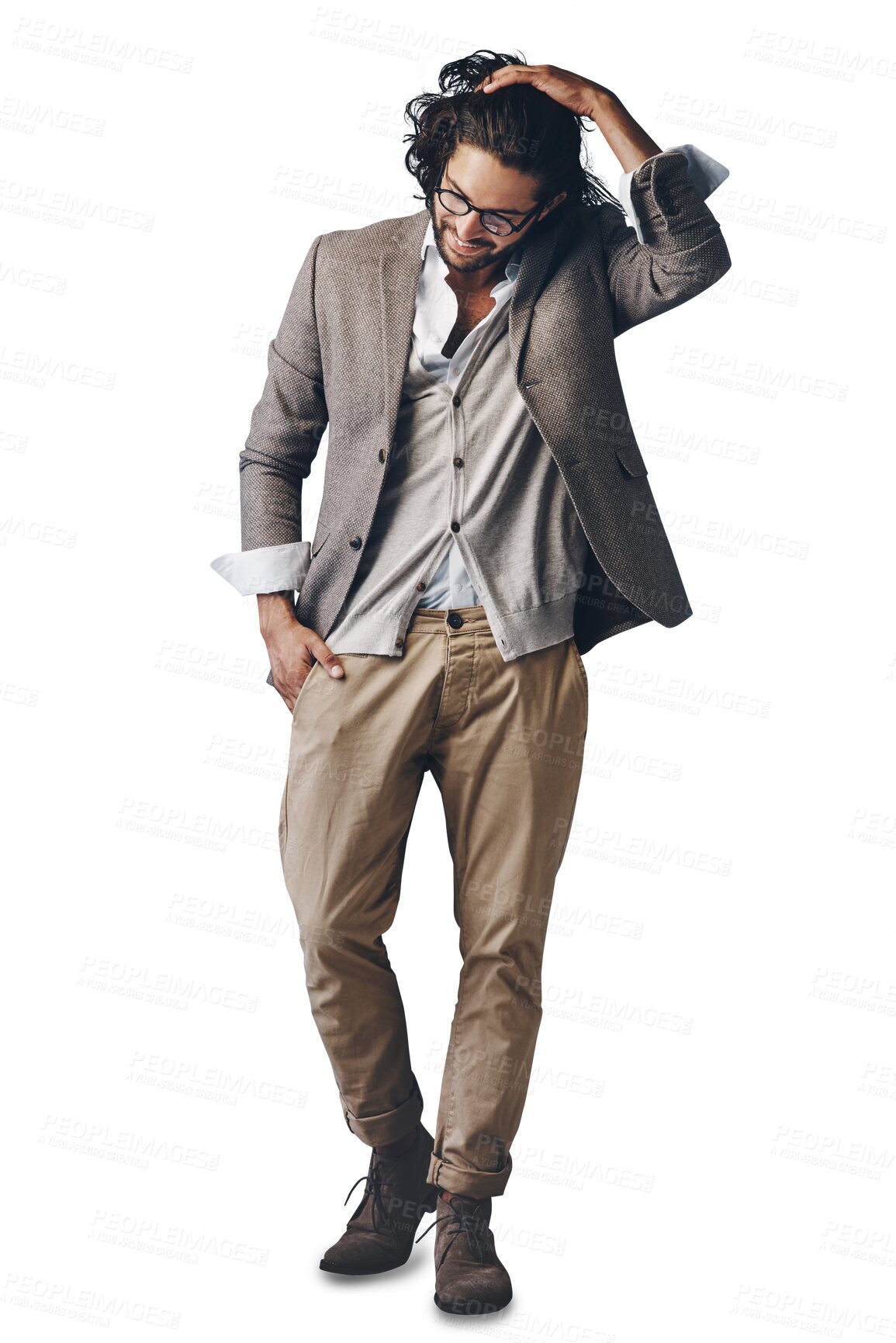 Buy stock photo Trendy, fashion and man in casual suit for creative business, confident smile and glasses. Relax, professional style and happy Indian businessman with clothes isolated on transparent png background.