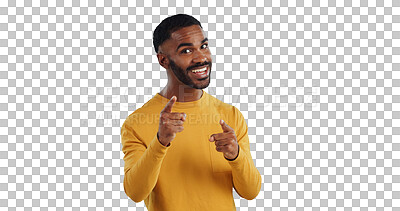 Buy stock photo Isolated black man, portrait and point at you for recruitment, choice and welcome by transparent png background. Person, hands and sign for decision, feedback and invitation with smile for promotion