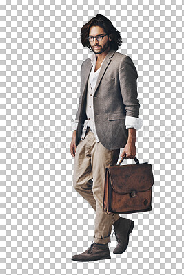 Buy stock photo Isolated man, leather bag and fashion with looking for vintage style on travel by transparent png background. Person, luggage and retro clothes with vision, thinking and remember with trendy glasses