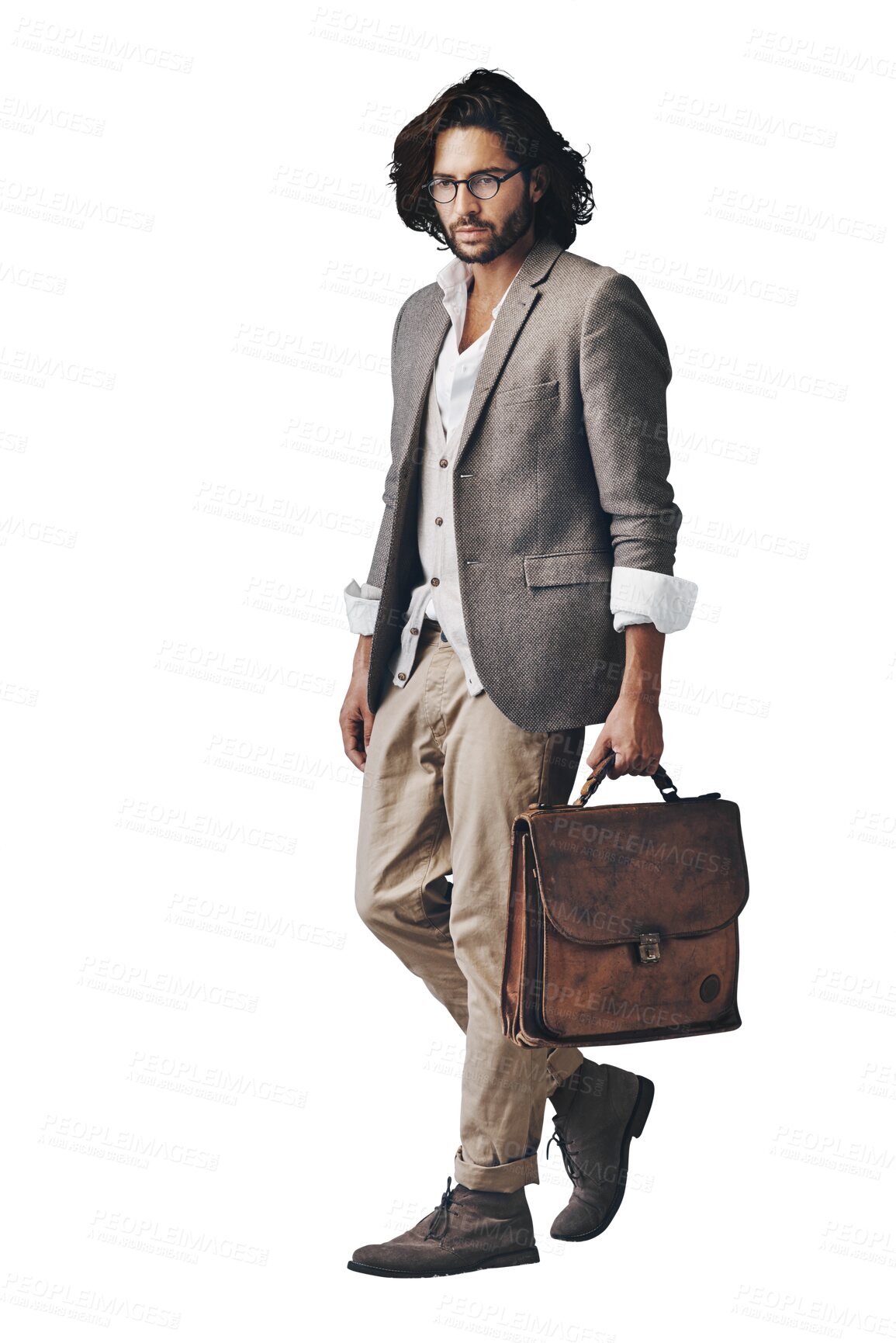 Buy stock photo Isolated man, leather bag and fashion with looking for vintage style on travel by transparent png background. Person, luggage and retro clothes with vision, thinking and remember with trendy glasses
