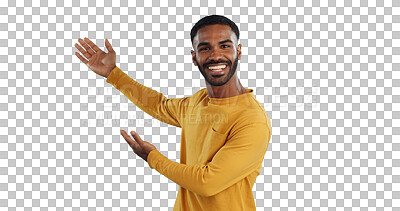 Buy stock photo Happy, face and man with hand showing announcement in studio for news, presentation or platform offer. Smile, portrait and male model with promo or launch isolated on a transparent, png background