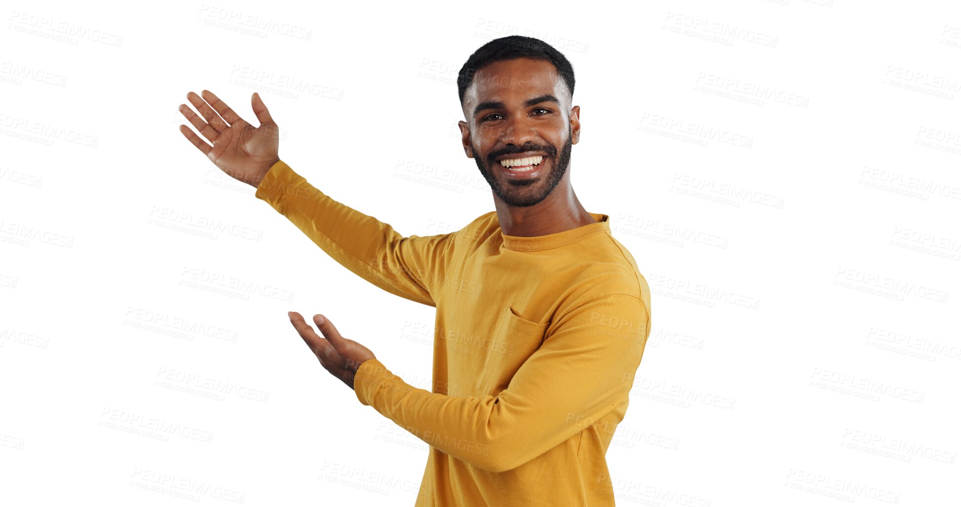 Buy stock photo Happy, face and man with hand showing announcement in studio for news, presentation or platform offer. Smile, portrait and male model with promo or launch isolated on a transparent, png background
