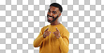 Face, excited and black man pointing at you for decision, choice or selection in studio isolated on a blue background mockup space. Portrait, hand gesture and person hiring, recruitment or invitation