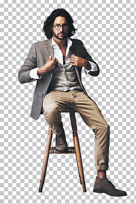 Buy stock photo Fashion, confident and portrait of businessman on chair on isolated, PNG and transparent background. Professional style, serious and person sitting with trendy clothes, stylish outfit and attitude