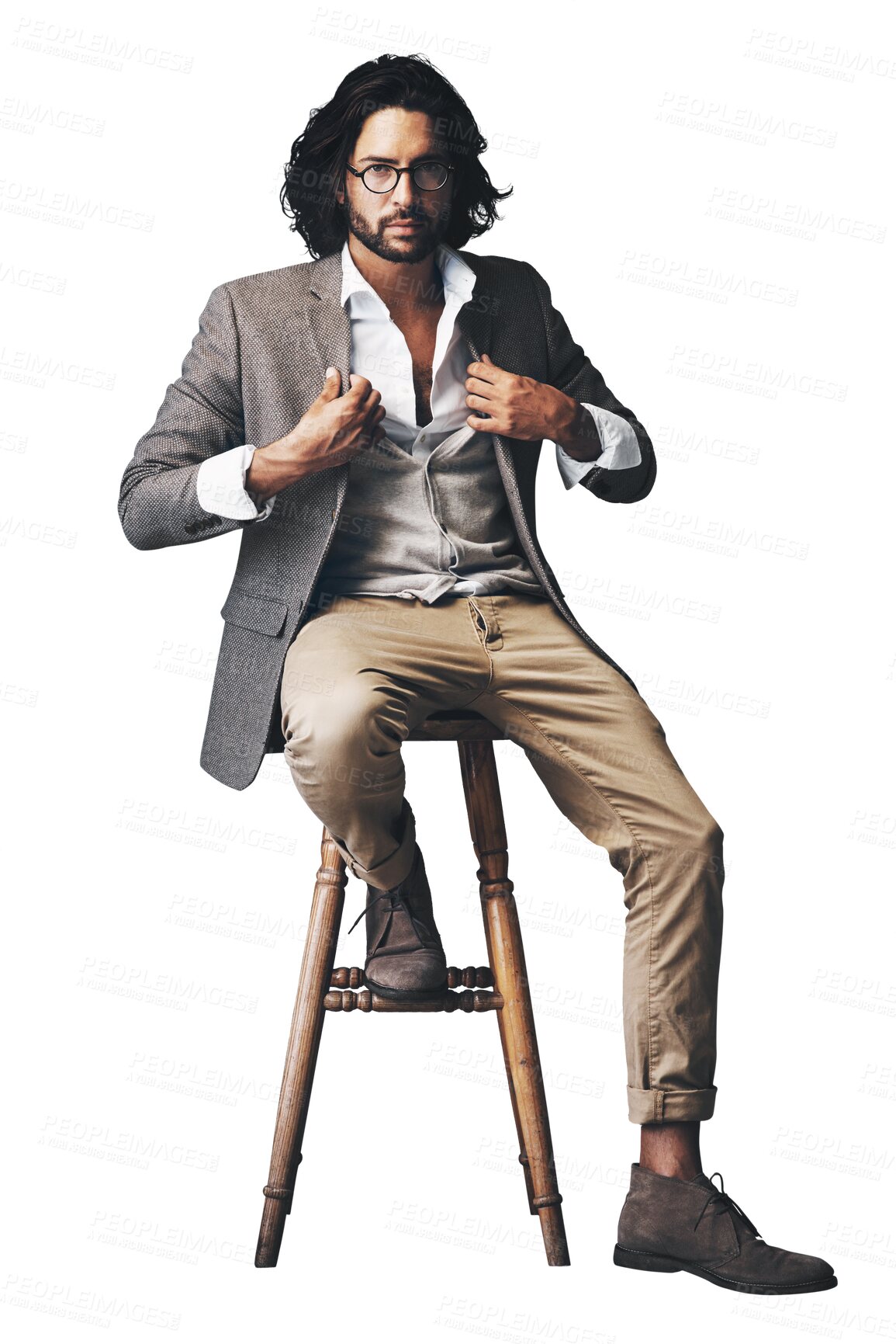 Buy stock photo Fashion, confident and portrait of businessman on chair on isolated, PNG and transparent background. Professional style, serious and person sitting with trendy clothes, stylish outfit and attitude