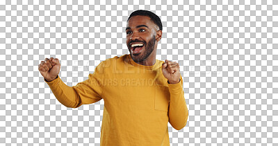 Buy stock photo African man, fist and celebration dance with smile for success, cheers or isolated by transparent png background. Excited person, winner and happy for achievement, prize and giveaway in competition