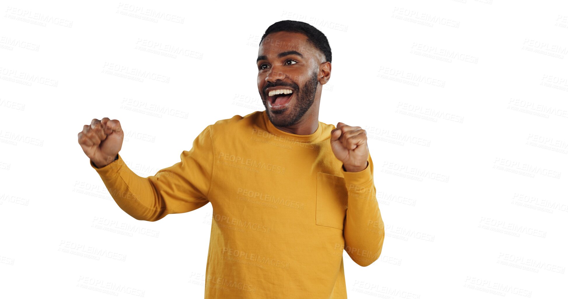 Buy stock photo African man, fist and celebration dance with smile for success, cheers or isolated by transparent png background. Excited person, winner and happy for achievement, prize and giveaway in competition