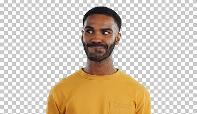 Buy stock photo Thinking, anxiety and stress of black man isolated on a transparent, png background. Planning, fear and scared person with worry for mental health, idea and doubt from mistake or nervous from fail