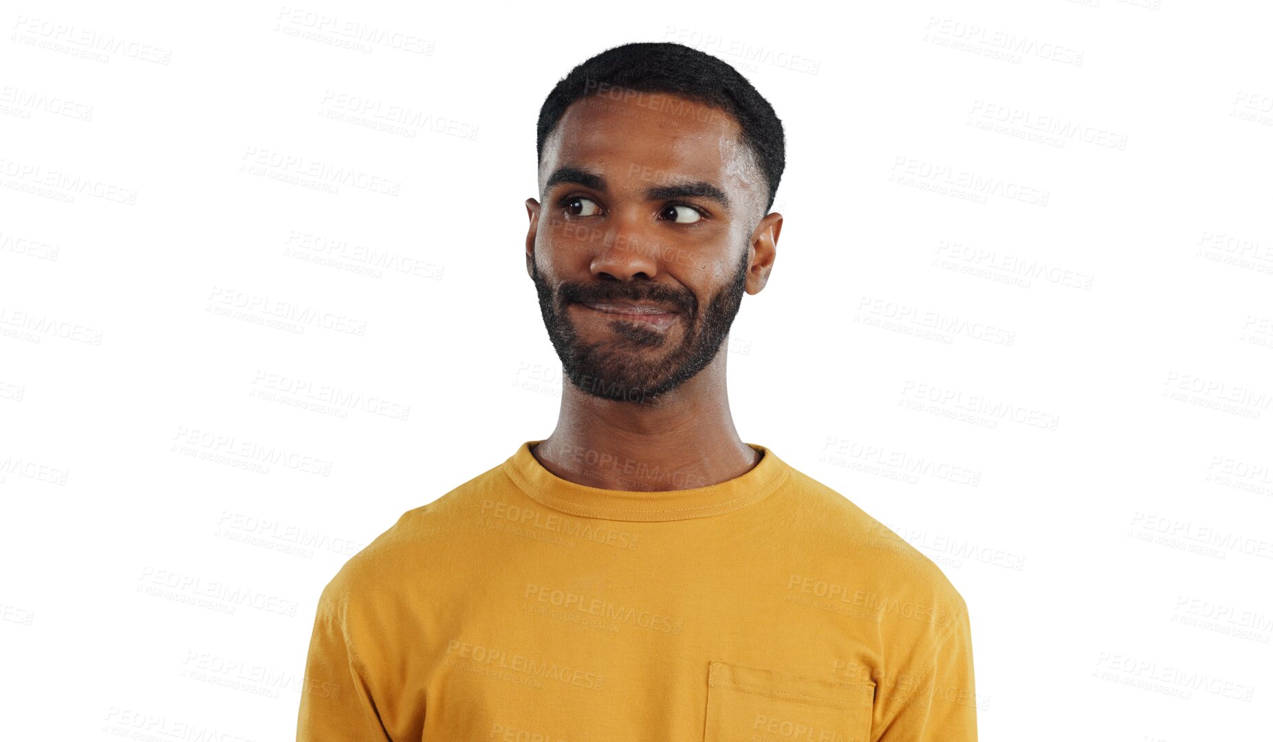 Buy stock photo Thinking, anxiety and stress of black man isolated on a transparent, png background. Planning, fear and scared person with worry for mental health, idea and doubt from mistake or nervous from fail