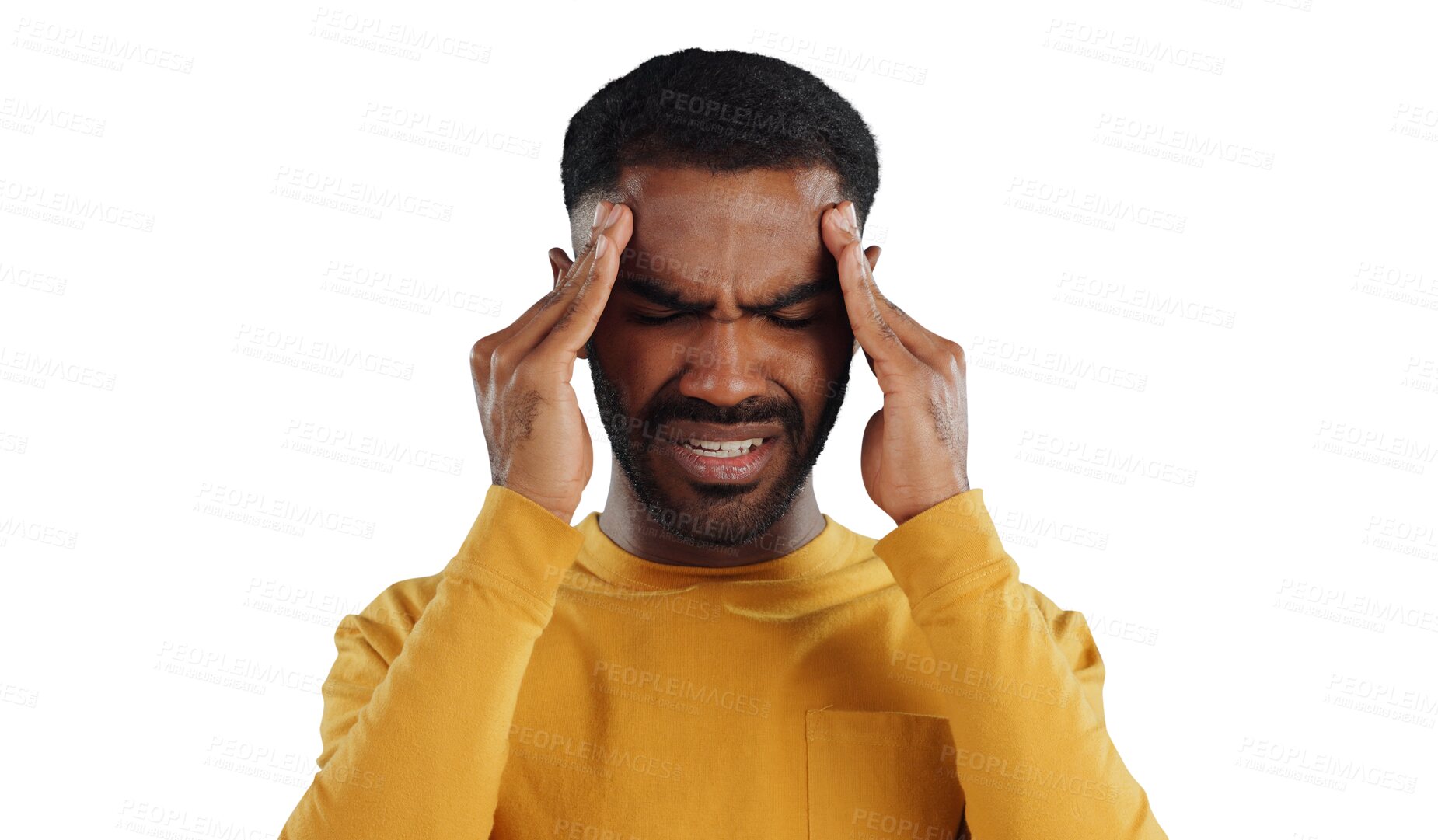 Buy stock photo Stress, headache and man with vertigo, pain or tension on isolated, transparent or png background. Brain fog, crisis or male person with temple massage for migraine, anxiety or overthinking disaster