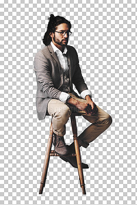 Buy stock photo Serious, thinking and business man on chair on isolated, PNG and transparent background. Professional style, fashion and person sitting with trendy clothes, stylish outfit and confidence for career