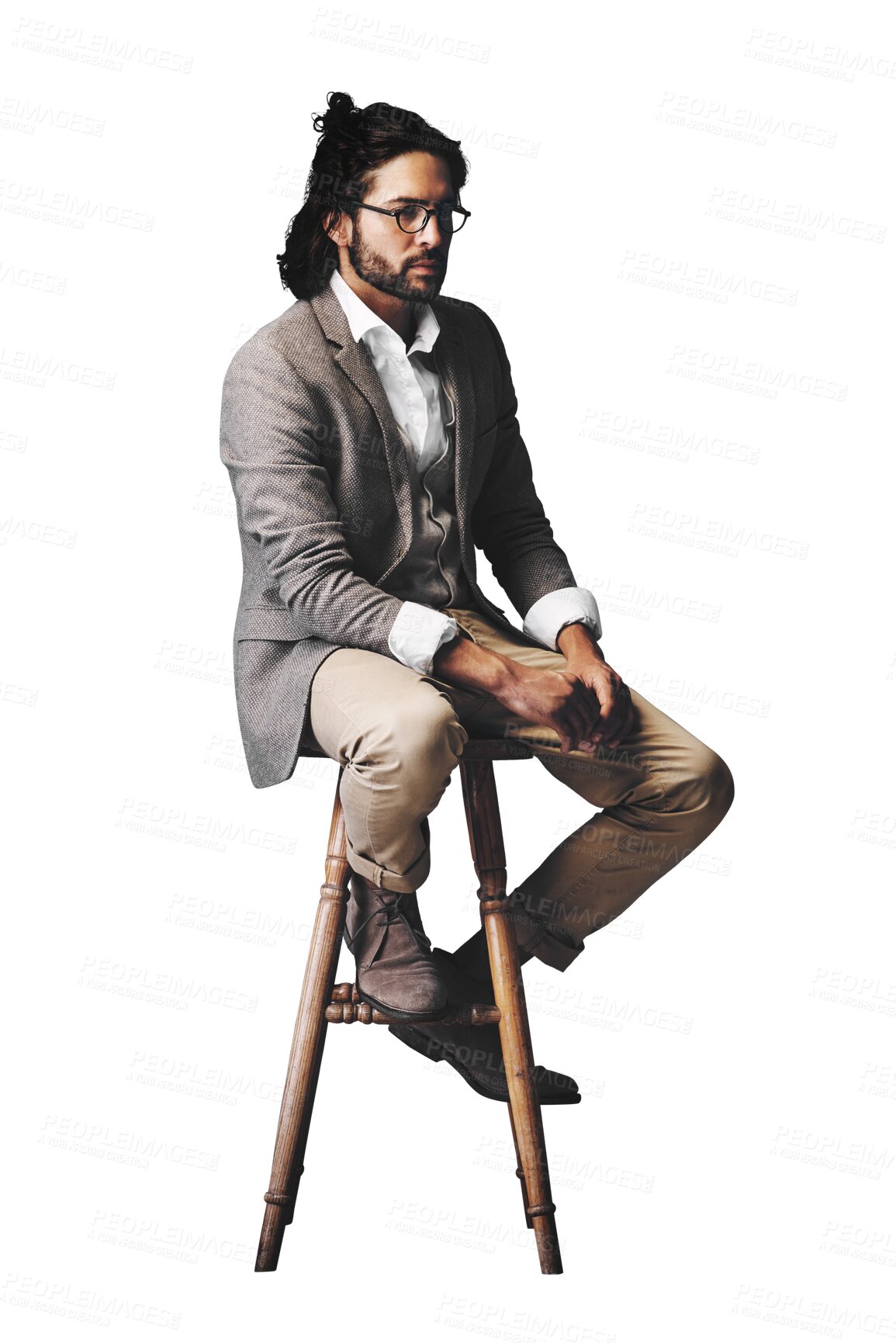 Buy stock photo Serious, thinking and business man on chair on isolated, PNG and transparent background. Professional style, fashion and person sitting with trendy clothes, stylish outfit and confidence for career