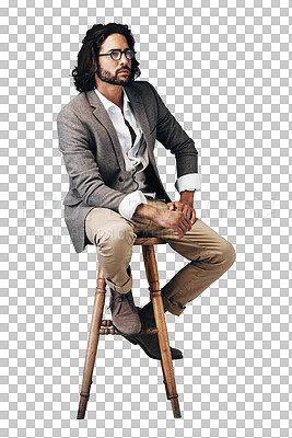 Buy stock photo Professional, thinking and business man on chair on isolated, PNG and transparent background. Fashion, style and thoughtful person sitting in trendy clothes, stylish outfit and confident for career