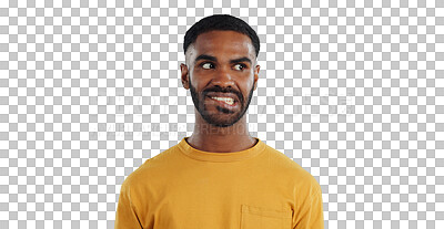 Buy stock photo Thinking, anxiety and stress of black man isolated on a transparent, png background. Confused, fear and scared person with worry for mental health, burnout and doubt with mistake, nervous and fail