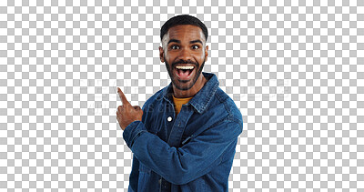 Buy stock photo Happy man, portrait and pointing with surprise for advertising or marketing on a transparent PNG background. Excited, smile or young male person showing notification, deal or alert for amazing offer